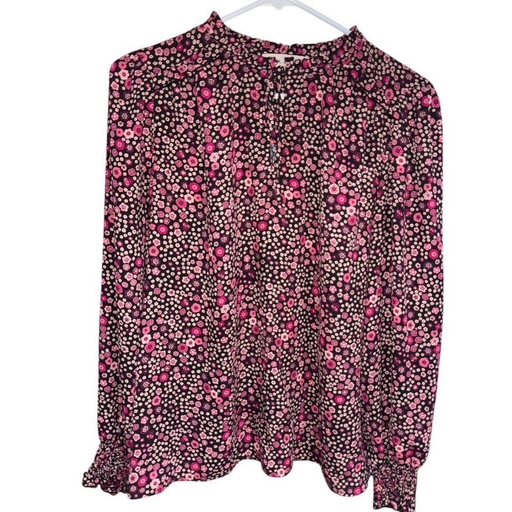 LOFT Petites Floral Long Sleeve Blouse Black Pink Size LP